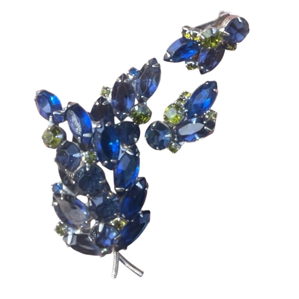 Juliana Demi-Parure Blue Green Glass Rhinestone Abstract Leaf Brooch & Earrings